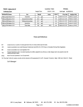 Location Code: PWS!D#:Sample: Before GAC II
Collection Type: Sample Time: 1212114 11:06 Lab Log# 4L02029-01
M . thodlP. ... meter r....t Re,ult Note!l!l PQL# Plep 1010
I
ITHMs by EPAMelhod 524.3 Chlorofonn 13.4 ugIL 1.00 12104114 10: 15 KT
I:ruMs by EPA Melhod 524.3 Bromodichlorometbane 20.4 ugIL 1.00 12104/14 10:15 KT
,
I[HMs by EPAMethod 524.3 Dibromochloromethane 39.7 ugIL 1.00 1210411410:15 KT
ITHMs by EPA Melhod 524.3 Bromoform 30.2 ugIL 1.00 12/04/1410:15 KT
[HMs by EPA Method 524.3 Total THMs 104 ugIL MCL 1.00 12104/1410:15 KT
Notes and Definitions
Analyte recovery is outside ofin-house generated limits, but within method specified limits.#67
VlCL Analyte concentration may exceed Maximum Contaminant Limit (Mel) for EPA Primary or Secondary Drinking Water Regulations.
###
?QL
BPQL
Analyte concentration may exceed regulatory limit.
Practical Quantit&tion Limit - the method reporting limit (MRL) adjusted for any dilutions or other changes made to the sample to deal with
interferences/matrix effects
Below Practical Quantitation Limit (ifapplicable).
!n.ly... Inlo
12104114 11:56 KT
12104/14 11:56 KT
12104/14 11:56 KT
12104/1411:56 KT
12104/14 11:56 KT
The *Prep Date" ofthe QC analysis coincides with the characters of the appropriate QC Lab ID. (Example:S 2A@'.li- BLK - 2009, Jan 2, Batch #15 - Blank)
Lab Manager
505 S. Lowry Street • Stillwater. OK 74074 • 405-372-5300 • Fax: 405-372-5396
Page 2 00 4L02029~129 1 50828
 