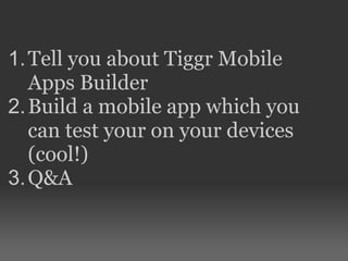 1. Tell you about Tiggr Mobile
Apps Builder
2. Build a mobile app which you
can test your on your devices
(cool!)
3. Q&A