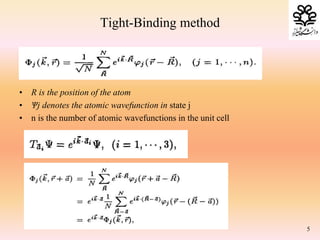 • R is the position of the atom
• Ѱj denotes the atomic wavefunction in state j
• n is the number of atomic wavefunctions in the unit cell
Tight-Binding method
5
 