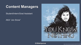 Content Managers
Student/Intern/Grad Assistant
AKA “Jon Snow”
https://www.pinterest.com/pin/311381761707162990/
 