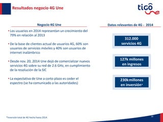 10
*Inversión total de 4G hecha hasta 2014.
Resultados negocio 4G Une
312.000
servicios 4G
Datos relevantes de 4G - 2014
127k millones
en ingresos
230kmillones
en inversión*
Negocio 4G Une
• Los usuarios en 2014 representan un crecimiento del
79% en relación al 2013
• De la base de clientes actual de usuarios 4G, 60% son
usuarios de servicios móviles y 40% son usuarios de
internet inalámbrico
• Desde nov. 20, 2014 Une dejó de comercializar nuevos
servicios 4G sobre su red de 2.6 GHz, en cumplimiento
de la resolución de la SIC
• La expectativa de Une a corto plazo es ceder el
espectro (se ha comunicado a las autoridades)
 