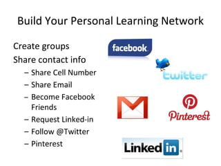 Build Your Personal Learning Network
Create groups
Share contact info
– Share Cell Number
– Share Email
– Become Facebook
Friends
– Request Linked-in
– Follow @Twitter
– Pinterest

 