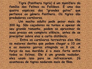 Tigre (Panthera tigris) é um mamífero da família dos Felinos ou Felídeos. É uma das quatro espécies dos "grandes gatos" que pertence ao género Panthera. Os tigres são predadores carnívoros. Um macho adulto pode pesar mais de 300 kg. São caçadores no turnos e apesar de seu grande tamanho, podem se aproximar de suas presas em completo silêncio, antes de se precipitar sobre elas a curta distância.   Entre os carnívoros terrestres eles têm os maiores dentes que podem chegar a 10 cm e as maiores garras atingindo os 8 cm. A força da sua mordida é a mais forte entre todos os felinos. Ele é um grande nadador, eles usam isso para se refrescarem. Já aconteceu de tigres nadarem mais de 5km. 
