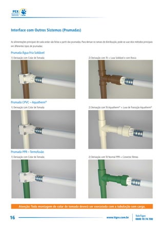 16
Interface com Outros Sistemas (Prumadas)
As alimentações principais de cada andar são feitas a partir das prumadas. Para derivar os ramais de distribuição, pode-se usar dois métodos principais
em diferentes tipos de prumadas:
Prumada Água Fria Soldável
1) Derivação com Colar de Tomada 2) Derivação com Tê + Luva Soldável e com Rosca
Prumada CPVC – Aquatherm®
1) Derivação com Colar de Tomada 2) Derivação com Tê Aquatherm®
+ Luva de Transição Aquatherm®
Prumada PPR – Termofusão
1) Derivação com Colar de Tomada 2) Derivação com Tê Normal PPR + Conector Fêmea
Atenção: Toda montagem de colar de tomada deverá ser executada com a tubulação sem carga.
 