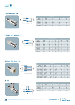 22
Conexão Fixa Fêmea PEX
DIMENSÕES (mm)
Código Bitola h L DN
22.90.270.9 16 43,8 69 16
22.90.271.7 20 54,5 86 20
22.90.272.5 25 62,6 96,6 25
22.90.273.3 32 76,2 116,6 32
Tê PEX
DIMENSÕES (mm)
Código Bitola h L DN1 DN2
22.90.050.1 16x1/2 37 43,3 1/2 16
22.90.051.0 16x3/4 42,5 44,2 3/4 16
22.90.070.6 20x1/2 38 49,6 1/2 20
22.90.071.4 20x3/4 45 50,5 3/4 20
22.90.080.3 25x3/4 42,5 53,3 3/4 25
22.90.081.1 25x1/2 38 52,4 1/2 25
22.90.082.0 25x1" 53 56,8 1 25
22.90.091.9 32x3/4 43,5 59,3 3/4 32
22.90.092.7 32x1" 53 63,2 1 32
DIMENSÕES (mm)
Código Bitola L DN1 DN2
22.90.380.2 20x16 64 16 20
22.90.390.0 25x16 67,9 16 25
22.90.391.8 25x20 74,8 20 25
22.90.401.9 32x20 81,3 20 32
22.90.402.7 32x25 82 25 32
Luva de Redução PEX
DIMENSÕES (mm)
Código Bitola h L DN1 DN2
22.90.110.9 16x1/2 26 51 1/2 16
22.90.130.3 20x1/2 26 57 1/2 20
22.90.131.1 20x3/4 30 58 3/4 20
22.90.140.0 25x3/4 30 60,8 3/4 25
22.90.141.9 25x1/2 30 59,8 1/2 25
22.90.142.7 25x1" 39 63,8 1 25
22.90.151.6 32x3/4 39 66,3 3/4 32
22.90.152.4 32x1" 39 70,3 1 32
Conexão Fixa Macho PEX
 