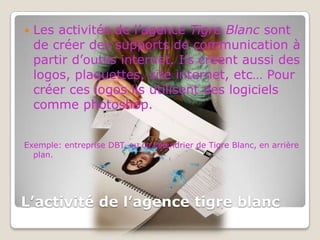    Les activités de l’agence Tigre Blanc sont
    de créer des supports de communication à
    partir d’outils internet. Ils créent aussi des
    logos, plaquettes, site internet, etc… Pour
    créer ces logos ils utilisent des logiciels
    comme photoshop.


Exemple: entreprise DBT, ou ce calendrier de Tigre Blanc, en arrière
  plan.




L’activité de l’agence tigre blanc
 
