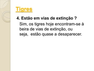Tigres4. Estão em vias de extinção ?	Sim, os tigres hoje encontram-se à beira de vias de extinção, ou seja,  estão quase a desaparecer. 