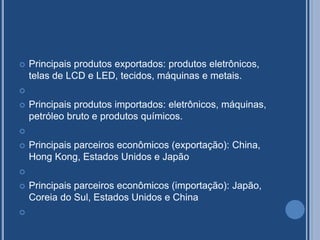  Principais produtos exportados: produtos eletrônicos,
telas de LCD e LED, tecidos, máquinas e metais.

 Principais produtos importados: eletrônicos, máquinas,
petróleo bruto e produtos químicos.

 Principais parceiros econômicos (exportação): China,
Hong Kong, Estados Unidos e Japão

 Principais parceiros econômicos (importação): Japão,
Coreia do Sul, Estados Unidos e China

 