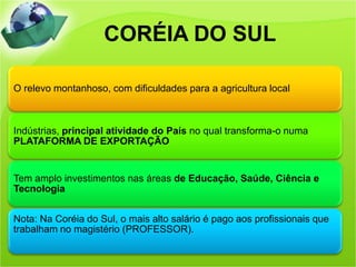 CORÉIA DO SUL

O relevo montanhoso, com dificuldades para a agricultura local



Indústrias, principal atividade do País no qual transforma-o numa
PLATAFORMA DE EXPORTAÇÃO


Tem amplo investimentos nas áreas de Educação, Saúde, Ciência e
Tecnologia


Nota: Na Coréia do Sul, o mais alto salário é pago aos profissionais que
trabalham no magistério (PROFESSOR).
 