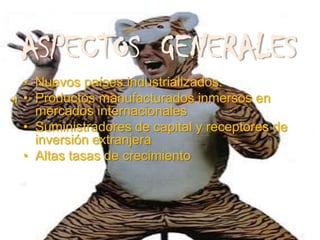 ASPECTOS GENERALES
• Nuevos países industrializados.
• Productos manufacturados inmersos en
  mercados internacionales
• Suministradores de capital y receptores de
  inversión extranjera
• Altas tasas de crecimiento
 