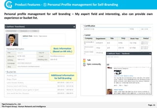 Page. 11TigerCompany Co., Ltd.
The Project Group : Human Network and Intelligence
Product Features - ⑤ Personal Profile management for Self-Branding
Personal profile management for self branding – My expert field and interesting, also can provide own
experience or bucket list.
Basic information
(Based on HR info.)
Additional information
for Self-Branding
 
