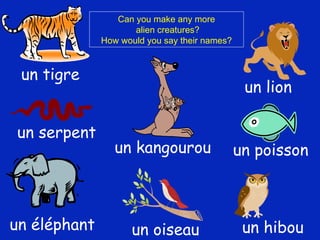 un éléphant un tigre un lion un poisson un kangourou  un oiseau un hibou un serpent  Can you make any more alien creatures? How would you say their names? 