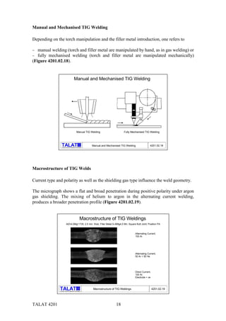 TALAT 4201 18
Manual and Mechanised TIG Welding
Depending on the torch manipulation and the filler metal introduction, one refers to
− manual welding (torch and filler metal are manipulated by hand, as in gas welding) or
− fully mechanised welding (torch and filler metal are manipulated mechanically)
(Figure 4201.02.18).
alu
Training in Aluminium Application Technologies
Fully Mechanised TIG WeldingManual TIG Welding
Manual and Mechanised TIG Welding
Manual and Mechanised TIG Welding 4201.02.18
Macrostructure of TIG Welds
Current type and polarity as well as the shielding gas type influence the weld geometry.
The micrograph shows a flat and broad penetration during positive polarity under argon
gas shielding. The mixing of helium to argon in the alternating current welding,
produces a broader penetration profile (Figure 4201.02.19).
alu
Training in Aluminium Application Technologies
Macrostructure of TIG Weldings
Macrostructure of TIG Weldings 4201.02.19
AlZn4,5Mg1 F35; 2.5 mm thick, Filler Metal S-AlMg4,5 Mn; Square Butt Joint; Position PA
Alternating Current;
100 Ar
Direct Current;
100 Ar;
Electrode + ve
Alternating Current;
50 Ar + 50 He
 