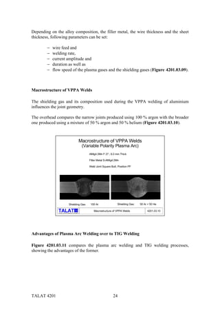 TALAT 4201 24
Depending on the alloy composition, the filler metal, the wire thickness and the sheet
thickness, following parameters can be set:
− wire feed and
− welding rate,
− current amplitude and
− duration as well as
− flow speed of the plasma gases and the shielding gases (Figure 4201.03.09).
Macrostructure of VPPA Welds
The shielding gas and its composition used during the VPPA welding of aluminium
influences the joint geometry.
The overhead compares the narrow joints produced using 100 % argon with the broader
one produced using a mixture of 50 % argon and 50 % helium (Figure 4201.03.10).
alu
Training in Aluminium Application Technologies
Macrostructure of VPPA Welds 4201.03.10
AlMg4,5Mn F 27 ; 6.0 mm Thick
Filler Metal S-AlMg4,5Mn
Weld Joint Square Butt, Position PF
Shielding Gas: 100 Ar 50 Ar + 50 HeShielding Gas:
Macrostructure of VPPA Welds
(Variable Polarity Plasma Arc)
Advantages of Plasma Arc Welding over to TIG Welding
Figure 4201.03.11 compares the plasma arc welding and TIG welding processes,
showing the advantages of the former.
 