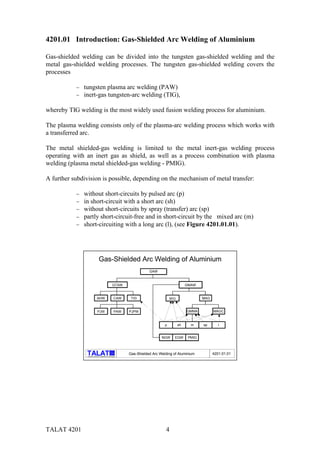 TALAT 4201 4
4201.01 Introduction: Gas-Shielded Arc Welding of Aluminium
Gas-shielded welding can be divided into the tungsten gas-shielded welding and the
metal gas-shielded welding processes. The tungsten gas-shielded welding covers the
processes
− tungsten plasma arc welding (PAW)
− inert-gas tungsten-arc welding (TIG),
whereby TIG welding is the most widely used fusion welding process for aluminium.
The plasma welding consists only of the plasma-arc welding process which works with
a transferred arc.
The metal shielded-gas welding is limited to the metal inert-gas welding process
operating with an inert gas as shield, as well as a process combination with plasma
welding (plasma metal shielded-gas welding - PMIG).
A further subdivision is possible, depending on the mechanism of metal transfer:
− without short-circuits by pulsed arc (p)
− in short-circuit with a short arc (sh)
− without short-circuits by spray (transfer) arc (sp)
− partly short-circuit-free and in short-circuit by the mixed arc (m)
− short-circuiting with a long arc (l), (see Figure 4201.01.01).
4201.01.01Gas-Shielded Arc Welding of Aluminiumalu
Training in Aluminium Application Technologies
Gas-Shielded Arc Welding of Aluminium
GAW
GTAW
AHW CAW TIG
PJW PAW PJPW
GMAW
MIG MAG
GMMA MAGC
EGWNGW PMIG
p sh m sp l
 