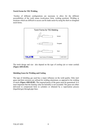 TALAT 4201 8
Torch Forms for TIG Welding
Torches of different configurations are necessary to allow for the different
accessibilities of the weld seams (work-piece form, welding position). Welding at
locations which are difficult to access can be made easier by using the short or elongated
torch forms.
alu
Training in Aluminium Application Technologies
Torch Forms for TIG Welding
Normal
Elongated
Short
Torch Forms of TIG Welding 4201.02.04
The torch design and size also depend on the type of cooling (air or water cooled)
(Figure 4201.02.04).
Shielding Gases for Welding and Cutting
The type of shielding gas used has a major influence on the weld quality. Only inert
gases and their mixtures are utilised for welding aluminium, as opposed to the welding
of steels (Figure 4201.02.05). The required purity of the gases must be guaranteed. It is
most important that the limiting value for humidity is not exceeded. The gases are either
delivered in compressed form in cylinders or obtained by a vaporisation process
(liquefied gas) through pipe lines.
 