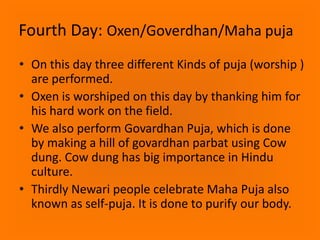 Fourth Day: Oxen/Goverdhan/Maha puja
• On this day three different Kinds of puja (worship )
are performed.
• Oxen is worshiped on this day by thanking him for
his hard work on the field.
• We also perform Govardhan Puja, which is done
by making a hill of govardhan parbat using Cow
dung. Cow dung has big importance in Hindu
culture.
• Thirdly Newari people celebrate Maha Puja also
known as self-puja. It is done to purify our body.

 
