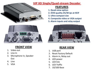 VIP XD Single/Quad-stream Decoder
FEATURES
1. Quad-view option
2. DVD-quality 25/30 ips at 4CIF
3. Ultra-compact size
4. Composite video or VGA output
5. Alarm inputs and relay output

FRONT VIEW
1. Video out
2. Line In
3. Microphone in, Speaker
Out
4. Line
5. VGA

REAR VIEW
1.
2.
3.
4.
5.
6.
7.

USB port
Reset Factory Default
Alarm in, Relay out
LED power
LED link
LED Traffic
10/100 Base

 