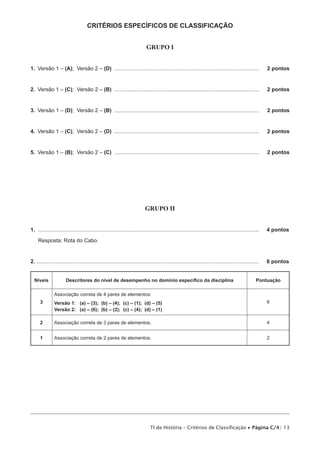 CRITÉRIOS ESPECÍFICOS DE CLASSIFICAÇÃO


                                                                         GRUPO I


1.  Versão 1 – (A); Versão 2 – (D) ..................................................................................................	                2 pontos


2.  Versão 1 – (C); Versão 2 – (B) ..................................................................................................	                2 pontos


3.  Versão 1 – (D); Versão 2 – (B) ..................................................................................................	                2 pontos


4.  Versão 1 – (C); Versão 2 – (D) ..................................................................................................	                2 pontos


5.  Versão 1 – (B); Versão 2 – (C) ..................................................................................................	                2 pontos




                                                                        GRUPO II


1.  ..................................................................................................................................................... 	 4 pontos

    Resposta: Rota do Cabo.


2. ..................................................................................................................................................... 	 6 pontos


  Níveis              Descritores do nível de desempenho no domínio específico da disciplina                                                  Pontuação

               Associação correta de 4 pares de elementos:
      3        Versão 1: (a) – (3); (b) – (4); (c) – (1); (d) – (5)                                                                                  6
               Versão 2: (a) – (6); (b) – (2); (c) – (4); (d) – (1)

      2        Associação correta de 3 pares de elementos.                                                                                           4


      1        Associação correta de 2 pares de elementos.                                                                                           2




                                                                           TI de História – Critérios de Classificação • Página C/4/ 13
 