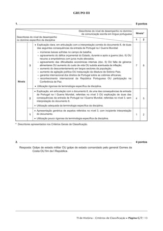 GRUPO III


1. ..................................................................................................................................................... 	 8 pontos

                                                                              Descritores do nível de desempenho no domínio
                                                                                da comunicação escrita em língua portuguesa                          Níveis*
 Descritores do nível de desempenho
 no domínio específico da disciplina                                                                                                                 1        2

                       •• Explicação clara, em articulação com a interpretação correta do documento 6, de duas
                          das seguintes consequências da entrada de Portugal na I Guerra Mundial:
                           –– inúmeras baixas sofridas no campo de batalha;
                           –– agravamento do défice orçamental do Estado, durante e após a guerra (doc. 6) OU
                              recurso a empréstimos com juros muito elevados;
                           –– agravamento das dificuldades económicas internas (doc. 6) OU falta de géneros
                 3            alimentares OU aumento do custo de vida OU subida acentuada da inflação;                                               7        8
                           –– aumento do descontentamento em largos sectores da população;
                           –– aumento da agitação política OU instauração da ditadura de Sidónio Pais;
                           –– garantia internacional dos direitos de Portugal sobre as colónias africanas;
                           –– reconhecimento internacional da República Portuguesa OU participação na
  Níveis                      Conferência de Paz.
                       •• Utilização rigorosa da terminologia específica da disciplina.

                       •• Explicação, em articulação com o documento 6, de uma das consequências da entrada
                          de Portugal na I Guerra Mundial, referidas no nível 3 OU explicação de duas das
                 2        consequências da entrada de Portugal na I Guerra Mundial, referidas no nível 3, sem                                        4        5
                          interpretação do documento 6.
                       •• Utilização adequada da terminologia específica da disciplina.

                       •• Apresentação genérica de aspetos referidos no nível 3, com incipiente interpretação
                 1        do documento.                                                                                                              1        2
                       •• Utilização pouco rigorosa da terminologia específica da disciplina.

* Descritores apresentados nos Critérios Gerais de Classificação.




2.  ..................................................................................................................................................... 	 4 pontos

    Resposta:  olpe de estado militar OU golpe de estado comandado pelo general Gomes da
              G
              Costa OU fim da I República.




                                                                           TI de História – Critérios de Classificação • Página C/7/ 13
 