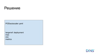 Решение
PODautoscaler yaml
targerref: deployment
max
min
metrics
 