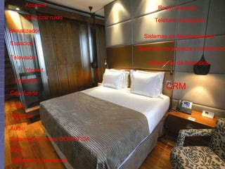 Minimizar ruido Teléfono Inteligente Climatizador Cama Sistemas de Luces DOMOTICA Caja fuerte Televisión Internet Baño Frigo bar Audio Room Services Detectores de Incendios Sistemas de limpieza y desinfección Sistemas de Abastecimiento Accesos Espacios Enchufes CRM Sistema de traducción 
