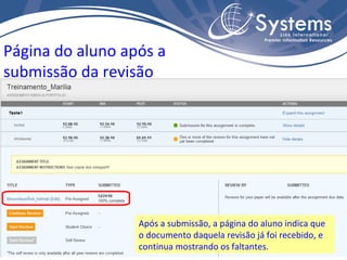 Página do aluno após a submissão da revisão Após a submissão, a página do aluno indica que o documento daquela revisão já foi recebido, e continua mostrando os faltantes. 