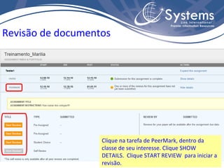 Revisão de documentos Clique na tarefa de PeerMark, dentro da classe de seu interesse. Clique SHOW DETAILS.  Clique START REVIEW  para iniciar a revisão. 