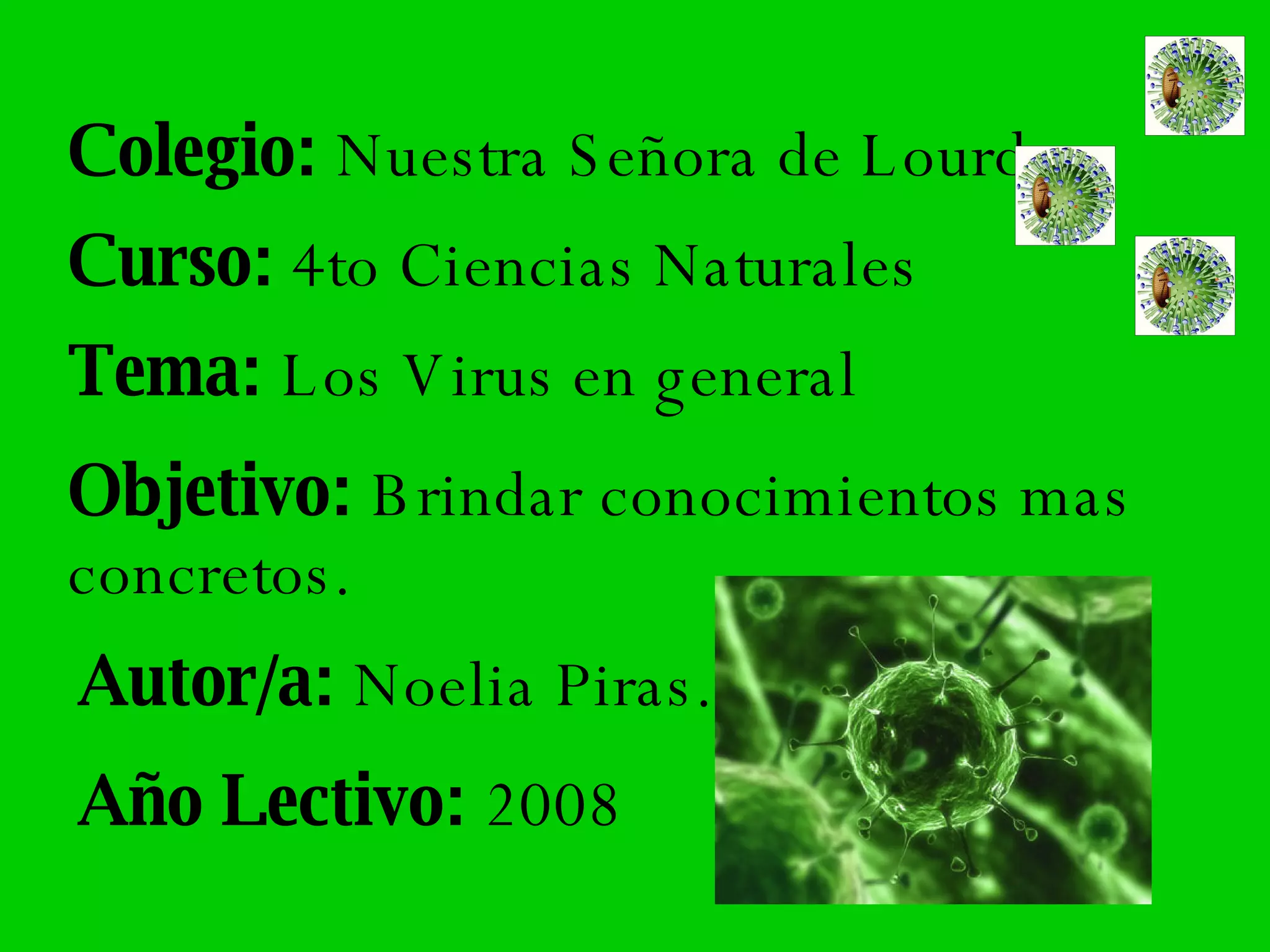Colegio:  Nuestra Señora de Lourdes  Curso:  4to Ciencias Naturales Tema:  Los Virus en general Objetivo:  Brindar conocimientos mas concretos. Autor/a:  Noelia Piras. Año Lectivo:  2008 