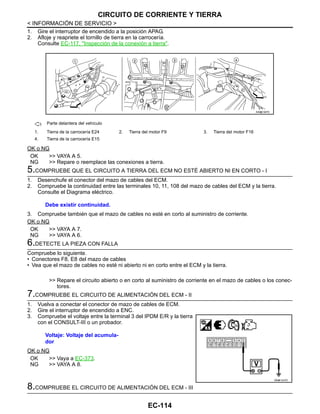EC-114
< INFORMACIÓN DE SERVICIO >
CIRCUITO DE CORRIENTE Y TIERRA
1. Gire el interruptor de encendido a la posición APAG.
2. Afloje y reapriete el tornillo de tierra en la carrocería.
Consulte EC-117, "Inspección de la conexión a tierra".
OK o NG
OK >> VAYA A 5.
NG >> Repare o reemplace las conexiones a tierra.
5.COMPRUEBE QUE EL CIRCUITO A TIERRA DEL ECM NO ESTÉ ABIERTO NI EN CORTO - I
1. Desenchufe el conector del mazo de cables del ECM.
2. Compruebe la continuidad entre las terminales 10, 11, 108 del mazo de cables del ECM y la tierra.
Consulte el Diagrama eléctrico.
3. Compruebe también que el mazo de cables no esté en corto al suministro de corriente.
OK o NG
OK >> VAYA A 7.
NG >> VAYA A 6.
6.DETECTE LA PIEZA CON FALLA
Compruebe lo siguiente.
• Conectores F8, E8 del mazo de cables
• Vea que el mazo de cables no esté ni abierto ni en corto entre el ECM y la tierra.
>> Repare el circuito abierto o en corto al suministro de corriente en el mazo de cables o los conec-
tores.
7.COMPRUEBE EL CIRCUITO DE ALIMENTACIÓN DEL ECM - II
1. Vuelva a conectar el conector de mazo de cables de ECM.
2. Gire el interruptor de encendido a ENC.
3. Compruebe el voltaje entre la terminal 3 del IPDM E/R y la tierra
con el CONSULT-III o un probador.
OK o NG
OK >> Vaya a EC-373.
NG >> VAYA A 8.
8.COMPRUEBE EL CIRCUITO DE ALIMENTACIÓN DEL ECM - III
: Parte delantera del vehículo
1. Tierra de la carrocería E24 2. Tierra del motor F9 3. Tierra del motor F16
4. Tierra de la carrocería E15
AAH@/ 587D
Debe existir continuidad.
Voltaje: Voltaje del acumula-
dor
OAHA1547D
Revisión: Agosto de 2008 2009 Tiida
 