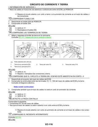 EC-116
< INFORMACIÓN DE SERVICIO >
CIRCUITO DE CORRIENTE Y TIERRA
• Mazo de cables en busca de una abertura o cortocircuito entre el ECM y el IPDM E/R
>> Repare el circuito abierto o en corto a tierra o al suministro de corriente en el mazo de cables o
los conectores.
13.COMPROBAR FUSIBLE 20A
1. Desconecte el fusible 20A de IPDM E/R.
2. Compruebe el fusible 20A.
OK o NG
OK >> VAYA A 17.
NG >> Reemplace el fusible 20A.
14.COMPRUEBE LAS TERMINALES DE TIERRA
1. Afloje y reapriete el tornillo de tierra en la carrocería.
Consulte EC-117, "Inspección de la conexión a tierra".
OK o NG
OK >> VAYA A 15.
NG >> Repare o reemplace las conexiones a tierra.
15.COMPRUEBE QUE EL CIRCUITO A TIERRA DEL ECM NO ESTÉ ABIERTO NI EN CORTO - II
1. Desenchufe el conector del mazo de cables del ECM.
2. Compruebe la continuidad entre las terminales 10, 11, 108 del mazo de cables del ECM y la tierra.
Consulte el Diagrama eléctrico.
3. Compruebe también que el mazo de cables no esté en corto al suministro de corriente.
OK o NG
OK >> VAYA A 17.
NG >> VAYA A 16.
16.DETECTE LA PIEZA CON FALLA
Compruebe lo siguiente.
• Conectores F8, E8 del mazo de cables
• Vea que el mazo de cables no esté ni abierto ni en corto entre el ECM y la tierra.
>> Repare el circuito abierto o en corto al suministro de corriente en el mazo de cables o los conec-
tores.
17.COMPRUEBE EL INCIDENTE INTERMITENTE
Consulte EC-111.
OK o NG
: Parte delantera del vehículo
1. Tierra de la carrocería E24 2. Tierra del motor F9 3. Tierra del motor F16
4. Tierra de la carrocería E15
AAH@/ 587D
Debe existir continuidad.
Revisión: Agosto de 2008 2009 Tiida
 