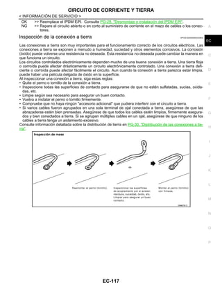 CIRCUITO DE CORRIENTE Y TIERRA
EC-117
< INFORMACIÓN DE SERVICIO >
C
D
E
F
G
H
I
J
K
L
M
A
EC
N
P
O
OK >> Reemplace el IPDM E/R. Consulte PG-28, "Desmontaje e instalación del IPDM E/R".
NG >> Repare el circuito abierto o en corto al suministro de corriente en el mazo de cables o los conec-
tores.
Inspección de la conexión a tierra INFOID:0000000004333603
Las conexiones a tierra son muy importantes para el funcionamiento correcto de los circuitos eléctricos. Las
conexiones a tierra se exponen a menudo a humedad, suciedad y otros elementos corrosivos. La corrosión
(óxido) puede volverse una resistencia no deseada. Esta resistencia no deseada puede cambiar la manera en
que funciona un circuito.
Los circuitos controlados electrónicamente dependen mucho de una buena conexión a tierra. Una tierra floja
o corroída puede afectar drásticamente un circuito electrónicamente controlado. Una conexión a tierra defi-
ciente o corroída puede afectar fácilmente el circuito. Aun cuando la conexión a tierra parezca estar limpia,
puede haber una película delgada de óxido en la superficie.
Al inspeccionar una conexión a tierra, siga estas reglas:
• Quite el perno o tornillo de la conexión a tierra.
• Inspeccione todas las superficies de contacto para asegurarse de que no estén sulfatadas, sucias, oxida-
das, etc.
• Limpie según sea necesario para asegurar un buen contacto.
• Vuelva a instalar el perno o tornillo firmemente.
• Compruebe que no haya ningún "accesorio adicional" que pudiera interferir con el circuito a tierra.
• Si varios cables fueron agrupados en una sola terminal de ojal conectada a tierra, asegúrese de que las
abrazaderas estén bien prensadas. Asegúrese de que todos los cables estén limpios, firmemente asegura-
dos y bien conectados a tierra. Si se agrupan múltiples cables en un ojal, asegúrese de que ninguno de los
cables a tierra tenga un aislamiento excesivo.
Consulte información detallada sobre la distribución de tierra en PG-30, "Distribución de las conexiones a tie-
rra".
OAHA076/ D
Revisión: Agosto de 2008 2009 Tiida
 