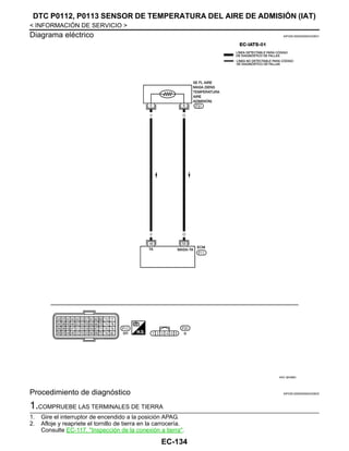 EC-134
< INFORMACIÓN DE SERVICIO >
DTC P0112, P0113 SENSOR DE TEMPERATURA DEL AIRE DE ADMISIÓN (IAT)
Diagrama eléctrico INFOID:0000000004333631
Procedimiento de diagnóstico INFOID:0000000004333632
1.COMPRUEBE LAS TERMINALES DE TIERRA
1. Gire el interruptor de encendido a la posición APAG.
2. Afloje y reapriete el tornillo de tierra en la carrocería.
Consulte EC-117, "Inspección de la conexión a tierra".
AAV @1568D
Revisión: Agosto de 2008 2009 Tiida
 