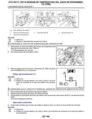 EC-140
< INFORMACIÓN DE SERVICIO >
DTC P0117, P0118 SENSOR DE TEMPERATURA DEL AGUA DE ENFRIAMIEN-
TO (TRM)
OK o NG
OK >> VAYA A 2.
NG >> Repare o reemplace las conexiones a tierra.
2.COMPRUEBE EL CIRCUITO DE ALIMENTACIÓN DEL SENSOR DE TRM
1. Desconecte el mazo de cables del sensor de temperatura del
agua de enfriamiento del motor TRM (1).
- : Parte delantera del vehículo
2. Gire el interruptor de encendido a ENC.
3. Mida el voltaje entre la terminal 1 del sensor de TRM y la tierra
con el CONSULT-III o un multímetro.
OK o NG
OK >> VAYA A 3.
NG >> Repare el circuito abierto o en corto a tierra o al sumi-
nistro de corriente en el mazo de cables o los conecto-
res.
3.COMPRUEBE QUE EL CIRCUITO A TIERRA DEL SENSOR DE TRM NO ESTÉ ABIERTO NI EN CORTO
1. Gire el interruptor de encendido a la posición APAG.
2. Desenchufe el conector del mazo de cables del ECM.
3. Compruebe la continuidad del mazo de cables entre la terminal 2 del sensor del ECT y la terminal 44 del
ECM.
Consulte el Diagrama eléctrico.
4. Compruebe también que el mazo de cables no esté en corto, ni a tierra ni al suministro de corriente.
OK o NG
OK >> VAYA A 4.
NG >> Repare el circuito abierto o en corto a tierra o al suministro de corriente en el mazo de cables o
los conectores.
: Parte delantera del vehículo
1. Tierra de la carrocería E24 2. Tierra del motor F9 3. Tierra del motor F16
4. Tierra de la carrocería E15
AAH@/ 587D
OAHA2213D
Voltaje: Aproximadamente 5 V
OAHA/ / 7/ D
Debe existir continuidad.
Revisión: Agosto de 2008 2009 Tiida
 