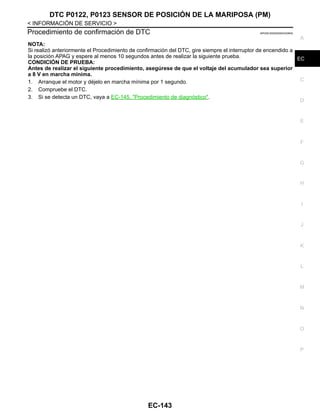 DTC P0122, P0123 SENSOR DE POSICIÓN DE LA MARIPOSA (PM)
EC-143
< INFORMACIÓN DE SERVICIO >
C
D
E
F
G
H
I
J
K
L
M
A
EC
N
P
O
Procedimiento de confirmación de DTC INFOID:0000000004333645
NOTA:
Si realizó anteriormente el Procedimiento de confirmación del DTC, gire siempre el interruptor de encendido a
la posición APAG y espere al menos 10 segundos antes de realizar la siguiente prueba.
CONDICIÓN DE PRUEBA:
Antes de realizar el siguiente procedimiento, asegúrese de que el voltaje del acumulador sea superior
a 8 V en marcha mínima.
1. Arranque el motor y déjelo en marcha mínima por 1 segundo.
2. Compruebe el DTC.
3. Si se detecta un DTC, vaya a EC-145, "Procedimiento de diagnóstico".
Revisión: Agosto de 2008 2009 Tiida
 