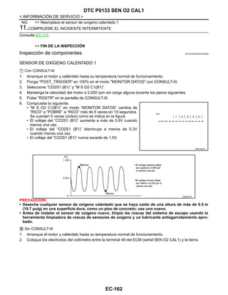 EC-162
< INFORMACIÓN DE SERVICIO >
DTC P0133 SEN O2 CAL1
NG >> Reemplace el sensor de oxígeno calentado 1
11.COMPRUEBE EL INCIDENTE INTERMITENTE
Consulte EC-111.
>> FIN DE LA INSPECCIÓN
Inspección de componentes INFOID:0000000004333665
SENSOR DE OXÍGENO CALENTADO 1
Con CONSULT-III
1. Arranque el motor y caliéntelo hasta su temperatura normal de funcionamiento.
2. Ponga "POST_TRIGGER" en 100% en el modo "MONITOR DATOS" con CONSULT-III.
3. Seleccione “CO2S1 (B1)” y “M S O2 C1(B1)”.
4. Mantenga la velocidad del motor a 2,000 rpm sin carga alguna durante los pasos siguientes.
5. Pulse "RGSTR" en la pantalla de CONSULT-III.
6. Compruebe lo siguiente.
• “M S O2 C1(B1)” en modo “MONITOR DATOS” cambia de
“RICO” a “POBRE” a “RICO” más de 5 veces en 10 segundos.
Se cuentan 5 veces (ciclos) como se indica en la figura.
• El voltaje del “CO2S1 (B1)” aumenta a más de 0.6V cuando
menos una vez.
• El voltaje del “CO2S1 (B1)” disminuye a menos de 0.3V
cuando menos una vez.
• El voltaje del “CO2S1 (B1)” nunca excede de 1.0V.
PRECAUCIÓN:
• Deseche cualquier sensor de oxígeno calentado que se haya caído de una altura de más de 0.5 m
(19.7 pulg) en una superficie dura, como un piso de concreto; use uno nuevo.
• Antes de instalar el sensor de oxígeno nuevo, limpie las roscas del sistema de escape usando la
herramienta limpiadora de roscas de sensores de oxígeno y un lubricante antiagarrotamiento apro-
bado.
Sin CONSULT-III
1. Arranque el motor y caliéntelo hasta su temperatura normal de funcionamiento.
2. Coloque los electrodos del voltímetro entre la terminal 49 del ECM (señal SEN O2 CAL1) y la tierra.
RDE106X@
OAHA2537D
Revisión: Agosto de 2008 2009 Tiida
 