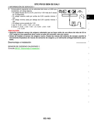 DTC P0133 SEN O2 CAL1
EC-163
< INFORMACIÓN DE SERVICIO >
C
D
E
F
G
H
I
J
K
L
M
A
EC
N
P
O
3. Compruebe lo siguiente con la velocidad del motor a 2,000 rpm
constantes, sin carga alguna.
• El voltaje fluctúa de 0 a 0.3V y de 0.6 a 1.0V más de 5 veces
en 10 segundos.
• El voltaje máximo está por arriba de 0.6V cuando menos 1
vez.
• El voltaje mínimo está por debajo de 0.3V cuando menos 1
vez.
• El voltaje nunca excede de 1.0V.
1 vez: 0 - 0.3V → 0.6 - 1.0V → 0 - 0.3V
2 veces: 0 - 0.3V → 0.6 - 1.0V → 0 - 0.3V → 0.6 - 1.0V
→ 0 - 0.3V
PRECAUCIÓN:
• Deseche cualquier sensor de oxígeno calentado que se haya caído de una altura de más de 0.5 m
(19.7 pulg) en una superficie dura, como un piso de concreto; use uno nuevo.
• Antes de instalar el sensor de oxígeno nuevo, limpie las roscas del sistema de escape usando la
herramienta limpiadora de roscas de sensores de oxígeno y un lubricante antiagarrotamiento apro-
bado.
Desmontaje e instalación INFOID:0000000004333666
SENSOR DE OXÍGENO CALENTADO 1
Consulte EM-23, "Desmontaje e instalación".
OAH@8455I
Revisión: Agosto de 2008 2009 Tiida
 