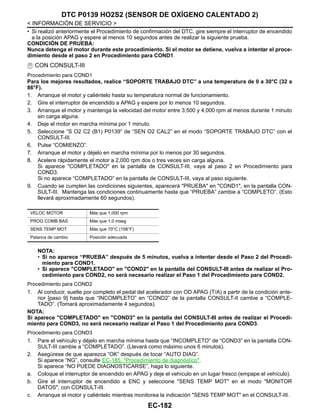 EC-182
< INFORMACIÓN DE SERVICIO >
DTC P0139 HO2S2 (SENSOR DE OXÍGENO CALENTADO 2)
• Si realizó anteriormente el Procedimiento de confirmación del DTC, gire siempre el interruptor de encendido
a la posición APAG y espere al menos 10 segundos antes de realizar la siguiente prueba.
CONDICIÓN DE PRUEBA:
Nunca detenga el motor durante este procedimiento. Si el motor se detiene, vuelva a intentar el proce-
dimiento desde el paso 2 en Procedimiento para COND1.
CON CONSULT-III
Procedimiento para COND1
Para los mejores resultados, realice “SOPORTE TRABAJO DTC” a una temperatura de 0 a 30°C (32 a
86°F).
1. Arranque el motor y caliéntelo hasta su temperatura normal de funcionamiento.
2. Gire el interruptor de encendido a APAG y espere por lo menos 10 segundos.
3. Arranque el motor y mantenga la velocidad del motor entre 3,500 y 4,000 rpm al menos durante 1 minuto
sin carga alguna.
4. Deje el motor en marcha mínima por 1 minuto.
5. Seleccione “S O2 C2 (B1) P0139” de “SEN O2 CAL2” en el modo “SOPORTE TRABAJO DTC” con el
CONSULT-III.
6. Pulse “COMIENZO”.
7. Arranque el motor y déjelo en marcha mínima por lo menos por 30 segundos.
8. Acelere rápidamente el motor a 2,000 rpm dos o tres veces sin carga alguna.
Si aparece "COMPLETADO" en la pantalla de CONSULT-III, vaya al paso 2 en Procedimiento para
COND3.
Si no aparece “COMPLETADO” en la pantalla de CONSULT-III, vaya al paso siguiente.
9. Cuando se cumplen las condiciones siguientes, aparecerá "PRUEBA" en "COND1", en la pantalla CON-
SULT-III. Mantenga las condiciones continuamente hasta que “PRUEBA” cambie a “COMPLETO”. (Esto
llevará aproximadamente 60 segundos).
NOTA:
• Si no aparece “PRUEBA” después de 5 minutos, vuelva a intentar desde el Paso 2 del Procedi-
miento para COND1.
• Si aparece "COMPLETADO" en "COND2" en la pantalla del CONSULT-III antes de realizar el Pro-
cedimiento para COND2, no será necesario realizar el Paso 1 del Procedimiento para COND2.
Procedimiento para COND2
1. Al conducir, suelte por completo el pedal del acelerador con OD APAG (T/A) a partir de la condición ante-
rior [paso 9] hasta que “INCOMPLETO” en “COND2” de la pantalla CONSULT-II cambie a “COMPLE-
TADO”. (Tomará aproximadamente 4 segundos).
NOTA:
Si aparece "COMPLETADO" en "COND3" en la pantalla del CONSULT-III antes de realizar el Procedi-
miento para COND3, no será necesario realizar el Paso 1 del Procedimiento para COND3.
Procedimiento para COND3
1. Pare el vehículo y déjelo en marcha mínima hasta que “INCOMPLETO” de “COND3” en la pantalla CON-
SULT-III cambie a “COMPLETADO”. (Llevará como máximo unos 6 minutos).
2. Asegúrese de que aparezca “OK” después de tocar “AUTO DIAG”.
Si aparece “NG”, consulte EC-185, "Procedimiento de diagnóstico".
Si aparece “NO PUEDE DIAGNOSTICARSE”, haga lo siguiente.
a. Coloque el interruptor de encendido en APAG y deje el vehículo en un lugar fresco (empape el vehículo).
b. Gire el interruptor de encendido a ENC y seleccione "SENS TEMP MOT" en el modo "MONITOR
DATOS", con CONSULT-III.
c. Arranque el motor y caliéntelo mientras monitorea la indicación "SENS TEMP MOT" en el CONSULT-III.
VELOC MOTOR Más que 1,000 rpm
PROG COMB BAS Más que 1.0 mseg
SENS TEMP MOT Más que 70°C (158°F)
Palanca de cambio Posición adecuada
Revisión: Agosto de 2008 2009 Tiida
 