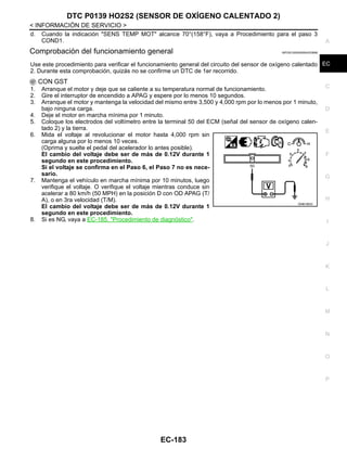DTC P0139 HO2S2 (SENSOR DE OXÍGENO CALENTADO 2)
EC-183
< INFORMACIÓN DE SERVICIO >
C
D
E
F
G
H
I
J
K
L
M
A
EC
N
P
O
d. Cuando la indicación "SENS TEMP MOT" alcance 70°(158°F), vaya a Procedimiento para el paso 3
COND1.
Comprobación del funcionamiento general INFOID:0000000004333696
Use este procedimiento para verificar el funcionamiento general del circuito del sensor de oxígeno calentado
2. Durante esta comprobación, quizás no se confirme un DTC de 1er recorrido.
CON GST
1. Arranque el motor y deje que se caliente a su temperatura normal de funcionamiento.
2. Gire el interruptor de encendido a APAG y espere por lo menos 10 segundos.
3. Arranque el motor y mantenga la velocidad del mismo entre 3,500 y 4,000 rpm por lo menos por 1 minuto,
bajo ninguna carga.
4. Deje el motor en marcha mínima por 1 minuto.
5. Coloque los electrodos del voltímetro entre la terminal 50 del ECM (señal del sensor de oxígeno calen-
tado 2) y la tierra.
6. Mida el voltaje al revolucionar el motor hasta 4,000 rpm sin
carga alguna por lo menos 10 veces.
(Oprima y suelte el pedal del acelerador lo antes posible).
El cambio del voltaje debe ser de más de 0.12V durante 1
segundo en este procedimiento.
Si el voltaje se confirma en el Paso 6, el Paso 7 no es nece-
sario.
7. Mantenga el vehículo en marcha mínima por 10 minutos, luego
verifique el voltaje. O verifique el voltaje mientras conduce sin
acelerar a 80 km/h (50 MPH) en la posición D con OD APAG (T/
A), o en 3ra velocidad (T/M).
El cambio del voltaje debe ser de más de 0.12V durante 1
segundo en este procedimiento.
8. Si es NG, vaya a EC-185, "Procedimiento de diagnóstico".
OAHA1885D
Revisión: Agosto de 2008 2009 Tiida
 