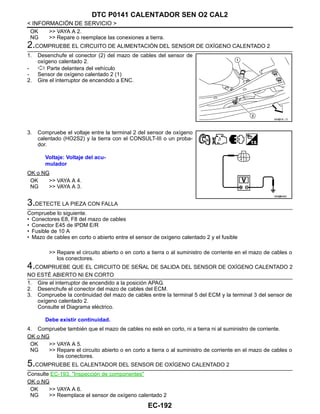 EC-192
< INFORMACIÓN DE SERVICIO >
DTC P0141 CALENTADOR SEN O2 CAL2
OK >> VAYA A 2.
NG >> Repare o reemplace las conexiones a tierra.
2.COMPRUEBE EL CIRCUITO DE ALIMENTACIÓN DEL SENSOR DE OXÍGENO CALENTADO 2
1. Desenchufe el conector (2) del mazo de cables del sensor de
oxígeno calentado 2.
- : Parte delantera del vehículo
- Sensor de oxígeno calentado 2 (1)
2. Gire el interruptor de encendido a ENC.
3. Compruebe el voltaje entre la terminal 2 del sensor de oxígeno
calentado (HO2S2) y la tierra con el CONSULT-III o un proba-
dor.
OK o NG
OK >> VAYA A 4.
NG >> VAYA A 3.
3.DETECTE LA PIEZA CON FALLA
Compruebe lo siguiente.
• Conectores E8, F8 del mazo de cables
• Conector E45 de IPDM E/R
• Fusible de 10 A
• Mazo de cables en corto o abierto entre el sensor de oxígeno calentado 2 y el fusible
>> Repare el circuito abierto o en corto a tierra o al suministro de corriente en el mazo de cables o
los conectores.
4.COMPRUEBE QUE EL CIRCUITO DE SEÑAL DE SALIDA DEL SENSOR DE OXÍGENO CALENTADO 2
NO ESTÉ ABIERTO NI EN CORTO
1. Gire el interruptor de encendido a la posición APAG.
2. Desenchufe el conector del mazo de cables del ECM.
3. Compruebe la continuidad del mazo de cables entre la terminal 5 del ECM y la terminal 3 del sensor de
oxígeno calentado 2.
Consulte el Diagrama eléctrico.
4. Compruebe también que el mazo de cables no esté en corto, ni a tierra ni al suministro de corriente.
OK o NG
OK >> VAYA A 5.
NG >> Repare el circuito abierto o en corto a tierra o al suministro de corriente en el mazo de cables o
los conectores.
5.COMPRUEBE EL CALENTADOR DEL SENSOR DE OXÍGENO CALENTADO 2
Consulte EC-193, "Inspección de componentes"
OK o NG
OK >> VAYA A 6.
NG >> Reemplace el sensor de oxígeno calentado 2
AAH@/ 6/ / D
Voltaje: Voltaje del acu-
mulador
OAH@8465I
Debe existir continuidad.
Revisión: Agosto de 2008 2009 Tiida
 