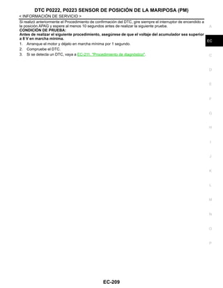 DTC P0222, P0223 SENSOR DE POSICIÓN DE LA MARIPOSA (PM)
EC-209
< INFORMACIÓN DE SERVICIO >
C
D
E
F
G
H
I
J
K
L
M
A
EC
N
P
O
Si realizó anteriormente el Procedimiento de confirmación del DTC, gire siempre el interruptor de encendido a
la posición APAG y espere al menos 10 segundos antes de realizar la siguiente prueba.
CONDICIÓN DE PRUEBA:
Antes de realizar el siguiente procedimiento, asegúrese de que el voltaje del acumulador sea superior
a 8 V en marcha mínima.
1. Arranque el motor y déjelo en marcha mínima por 1 segundo.
2. Compruebe el DTC.
3. Si se detecta un DTC, vaya a EC-211, "Procedimiento de diagnóstico".
Revisión: Agosto de 2008 2009 Tiida
 