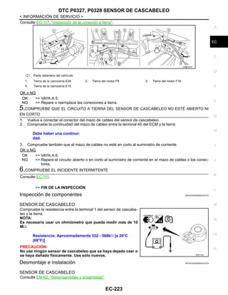 DTC P0327, P0328 SENSOR DE CASCABELEO
EC-223
< INFORMACIÓN DE SERVICIO >
C
D
E
F
G
H
I
J
K
L
M
A
EC
N
P
O
Consulte EC-117, "Inspección de la conexión a tierra".
OK o NG
OK >> VAYA A 5.
NG >> Repare o reemplace las conexiones a tierra.
5.COMPRUEBE QUE EL CIRCUITO A TIERRA DEL SENSOR DE CASCABELEO NO ESTÉ ABIERTO NI
EN CORTO
1. Vuelva a conectar el conector del mazo de cables del sensor de cascabeleo.
2. Compruebe la continuidad del mazo de cables entre la terminal 40 del ECM y la tierra.
3. Compruebe también que el mazo de cables no esté en corto al suministro de corriente.
OK o NG
OK >> VAYA A 6.
NG >> Repare el circuito abierto o en corto al suministro de corriente en el mazo de cables o los conec-
tores.
6.COMPRUEBE EL INCIDENTE INTERMITENTE
Consulte EC-111.
>> FIN DE LA INSPECCIÓN
Inspección de componentes INFOID:0000000004333733
SENSOR DE CASCABELEO
Compruebe la resistencia entre la terminal 1 del sensor de cascabe-
leo y la tierra.
NOTA:
Es necesario usar un ohmiómetro que pueda medir más de 10
MΩ.
PRECAUCIÓN:
No use ningún sensor de cascabeleo que se haya dejado caer o
se haya dañado físicamente. Use sólo nuevos.
Desmontaje e instalación INFOID:0000000004333734
SENSOR DE CASCABELEO
Consulte EM-82, "Desensamblaje y ensamblaje".
: Parte delantera del vehículo
1. Tierra de la carrocería E24 2. Tierra del motor F9 3. Tierra del motor F16
4. Tierra de la carrocería E15
AAH@/ 587D
Debe haber una continui-
dad.
Resistencia: Aproximadamente 532 - 588kΩ [a 20°C
(68°F)]
RDE116V
Revisión: Agosto de 2008 2009 Tiida
 