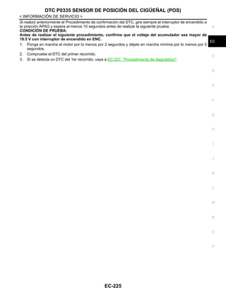 DTC P0335 SENSOR DE POSICIÓN DEL CIGÜEÑAL (POS)
EC-225
< INFORMACIÓN DE SERVICIO >
C
D
E
F
G
H
I
J
K
L
M
A
EC
N
P
O
Si realizó anteriormente el Procedimiento de confirmación del DTC, gire siempre el interruptor de encendido a
la posición APAG y espere al menos 10 segundos antes de realizar la siguiente prueba.
CONDICIÓN DE PRUEBA:
Antes de realizar el siguiente procedimiento, confirme que el voltaje del acumulador sea mayor de
10.5 V con interruptor de encendido en ENC.
1. Ponga en marcha el motor por lo menos por 2 segundos y déjelo en marcha mínima por lo menos por 5
segundos.
2. Compruebe el DTC del primer recorrido.
3. Si se detecta un DTC del 1er recorrido, vaya a EC-227, "Procedimiento de diagnóstico".
Revisión: Agosto de 2008 2009 Tiida
 
