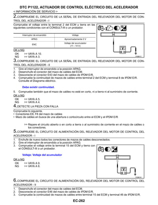 EC-262
< INFORMACIÓN DE SERVICIO >
DTC P1122, ACTUADOR DE CONTROL ELÉCTRICO DEL ACELERADOR
2.COMPRUEBE EL CIRCUITO DE LA SEÑAL DE ENTRADA DEL RELEVADOR DEL MOTOR DE CON-
TROL DEL ACELERADOR - I
Compruebe el voltaje entre la terminal 2 del ECM y tierra en las
siguientes condiciones con el CONSULT-III o un probador.
OK o NG
OK >> VAYA A 10.
NG >> VAYA A 3.
3.COMPRUEBE EL CIRCUITO DE LA SEÑAL DE ENTRADA DEL RELEVADOR DEL MOTOR DE CON-
TROL DEL ACELERADOR - II
1. Gire el interruptor de encendido a la posición APAG.
2. Desenchufe el conector del mazo de cables del ECM.
3. Desconecte el conector E43 del mazo de cables de IPDM E/R.
4. Compruebe la continuidad de mazos de cables entre terminal 2 del ECM y terminal 8 de IPDM E/R.
Consulte el Diagrama eléctrico.
5. Compruebe también que el mazo de cables no esté en corto, ni a tierra ni al suministro de corriente.
OK o NG
OK >> VAYA A 5.
NG >> VAYA A 4.
4.DETECTE LA PIEZA CON FALLA
Compruebe lo siguiente.
• Conectores E8, F8 del mazo de cables
• Mazo de cables en busca de una abertura o cortocircuito entre el ECM y el IPDM E/R
>> Repare el circuito abierto o en corto a tierra o al suministro de corriente en el mazo de cables o
los conectores.
5.COMPRUEBE EL CIRCUITO DE ALIMENTACIÓN DEL RELEVADOR DEL MOTOR DE CONTROL DEL
ACELERADOR - I
1. Enchufe de nuevo todos los conectores de mazos de cables desconectados.
2. Gire el interruptor de encendido a la posición APAG.
3. Compruebe el voltaje entre la terminal 15 del ECM y tierra con
el CONSULT-III o un probador.
OK o NG
OK >> VAYA A 9.
NG >> VAYA A 6.
6.COMPRUEBE EL CIRCUITO DE ALIMENTACIÓN DEL RELEVADOR DEL MOTOR DE CONTROL DEL
ACELERADOR - II
1. Desenchufe el conector del mazo de cables del ECM.
2. Desconecte el conector E46 del mazo de cables de IPDM E/R.
3. Compruebe la continuidad de mazos de cables entre terminal 15 del ECM y terminal 46 de IPDM E/R.
Interruptor de encendido Voltaje
APAG Aproximadamente 0 V
ENC
Voltaje del acumulador
(11 - 14 V)
OAH@8457I
Debe existir continuidad.
Voltaje: Voltaje del acumulador
OAH@8458I
Revisión: Agosto de 2008 2009 Tiida
 