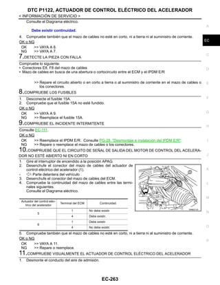 DTC P1122, ACTUADOR DE CONTROL ELÉCTRICO DEL ACELERADOR
EC-263
< INFORMACIÓN DE SERVICIO >
C
D
E
F
G
H
I
J
K
L
M
A
EC
N
P
O
Consulte el Diagrama eléctrico.
4. Compruebe también que el mazo de cables no esté en corto, ni a tierra ni al suministro de corriente.
OK o NG
OK >> VAYA A 8.
NG >> VAYA A 7.
7.DETECTE LA PIEZA CON FALLA
Compruebe lo siguiente.
• Conectores E8, F8 del mazo de cables
• Mazo de cables en busca de una abertura o cortocircuito entre el ECM y el IPDM E/R
>> Repare el circuito abierto o en corto a tierra o al suministro de corriente en el mazo de cables o
los conectores.
8.COMPRUEBE LOS FUSIBLES
1. Desconecte el fusible 15A.
2. Compruebe que el fusible 15A no esté fundido.
OK o NG
OK >> VAYA A 9.
NG >> Reemplace el fusible 15A.
9.COMPRUEBE EL INCIDENTE INTERMITENTE
Consulte EC-111.
OK o NG
OK >> Reemplace el IPDM E/R. Consulte PG-28, "Desmontaje e instalación del IPDM E/R".
NG >> Repare o reemplace el mazo de cables o los conectores.
10.COMPRUEBE QUE EL CIRCUITO DE SEÑAL DE SALIDA DEL MOTOR DE CONTROL DEL ACELERA-
DOR NO ESTÉ ABIERTO NI EN CORTO
1. Gire el interruptor de encendido a la posición APAG.
2. Desenchufe el conector del mazo de cables del actuador de
control eléctrico del acelerador (1).
- : Parte delantera del vehículo
3. Desenchufe el conector del mazo de cables del ECM.
4. Compruebe la continuidad del mazo de cables entre las termi-
nales siguientes.
Consulte el Diagrama eléctrico.
5. Compruebe también que el mazo de cables no esté en corto, ni a tierra ni al suministro de corriente.
OK o NG
OK >> VAYA A 11.
NG >> Repare o reemplace.
11.COMPRUEBE VISUALMENTE EL ACTUADOR DE CONTROL ELÉCTRICO DEL ACELERADOR
1. Desmonte el conducto del aire de admisión.
Debe existir continuidad.
Actuador del control eléc-
trico del acelerador
Terminal del ECM Continuidad
5
1 No debe existir.
4 Debe existir.
6
1 Debe existir.
4 No debe existir.
OAHA2214D
Revisión: Agosto de 2008 2009 Tiida
 