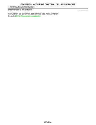 EC-274
< INFORMACIÓN DE SERVICIO >
DTC P1128, MOTOR DE CONTROL DEL ACELERADOR
Desmontaje e instalación INFOID:0000000004333802
ACTUADOR DE CONTROL ELÉCTRICO DEL ACELERADOR
Consulte EM-19, "Desmontaje e instalación".
Revisión: Agosto de 2008 2009 Tiida
 