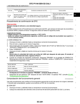 DTC P1144 SEN O2 CAL1
EC-281
< INFORMACIÓN DE SERVICIO >
C
D
E
F
G
H
I
J
K
L
M
A
EC
N
P
O
Procedimiento de confirmación de DTC INFOID:0000000004333814
PRECAUCIÓN:
Siempre maneje el vehículo a una velocidad segura.
NOTA:
Si realizó anteriormente el Procedimiento de confirmación del DTC, gire siempre el interruptor de encendido a
la posición APAG y espere al menos 10 segundos antes de realizar la siguiente prueba.
CONDICIÓN DE PRUEBA:
• Hágalo siempre a una temperatura superior a -10°C (14°F).
• Antes de realizar el procedimiento siguiente, confirme que el voltaje del acumulador sea superior a
11 V en marcha mínima.
CON CONSULT-III
1. Arranque el motor y caliéntelo hasta su temperatura normal de funcionamiento.
2. Pare el motor y espere por lo menos 5 segundos.
3. Gire el interruptor de encendido a ENC y seleccione "CO2S1 (B1) P1144" de "SEN O2 CAL1" en el modo
"SOPORTE TRABAJO DTC" con CONSULT-III.
4. Pulse “COMIENZO”.
5. Arranque el motor y déjelo en marcha mínima por lo menos 3 minutos.
NOTA:
Nunca eleve la velocidad del motor por arriba de 3,400 rpm después de este paso. Si excede el
límite de velocidad del motor, regrese al Paso 5.
6. Cuando se cumplan las siguientes condiciones, aparecerá “PRUEBA” en la pantalla de CONSULT-III.
Mantenga las condiciones continuamente hasta que “PRUEBA” cambie a “COMPLETO”. (Llevará aproxi-
madamente 50 segundos o más).
Si después de 5 minutos no aparece “PRUEBA”, reintente desde el Paso 2.
7. Asegúrese de que aparezca “OK” después de tocar “AUTO DIAG”. Si aparece “NG”, consulte EC-282,
"Procedimiento de diagnóstico".
Comprobación del funcionamiento general INFOID:0000000004333815
Use este procedimiento para verificar el funcionamiento general del circuito del sensor de oxígeno calentado
1. Durante esta comprobación, quizás no se confirme un DTC de 1er recorrido.
CON GST
1. Arranque el motor y caliéntelo hasta su temperatura normal de funcionamiento.
2. Coloque los electrodos del voltímetro entre la terminal 49 del ECM (señal SEN O2 CAL1) y la tierra.
DTC No.
Nombre del diagnóstico
de fallas
Condición de detección de DTC Causa posible
P1144
1144
Monitoreo del cambio del
sensor de oxígeno calen-
tado 1 a mezcla rica
Los voltajes máximos y mínimos del sensor es-
tán más allá de los voltajes especificados.
• Sensor de oxígeno calentado 1
• Calentador del sensor de oxígeno calen-
tado 1
• Presión del combustible
• Inyector de combustible
VELOC MOTOR 1,350 - 3,400 rpm
TA VEL VEHIC Más de 100 km/h (62 MPH)
PROG COMB BAS 2.8 - 12.0 mseg
Palanca de cambios Posición adecuada
Revisión: Agosto de 2008 2009 Tiida
 