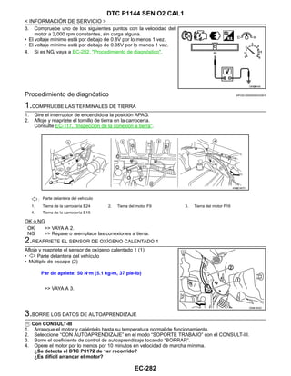 EC-282
< INFORMACIÓN DE SERVICIO >
DTC P1144 SEN O2 CAL1
3. Compruebe uno de los siguientes puntos con la velocidad del
motor a 2,000 rpm constantes, sin carga alguna.
• El voltaje mínimo está por debajo de 0.8V por lo menos 1 vez.
• El voltaje mínimo está por debajo de 0.35V por lo menos 1 vez.
4. Si es NG, vaya a EC-282, "Procedimiento de diagnóstico".
Procedimiento de diagnóstico INFOID:0000000004333816
1.COMPRUEBE LAS TERMINALES DE TIERRA
1. Gire el interruptor de encendido a la posición APAG.
2. Afloje y reapriete el tornillo de tierra en la carrocería.
Consulte EC-117, "Inspección de la conexión a tierra".
OK o NG
OK >> VAYA A 2.
NG >> Repare o reemplace las conexiones a tierra.
2.REAPRIETE EL SENSOR DE OXÍGENO CALENTADO 1
Afloje y reapriete el sensor de oxígeno calentado 1 (1).
• : Parte delantera del vehículo
• Múltiple de escape (2)
>> VAYA A 3.
3.BORRE LOS DATOS DE AUTOAPRENDIZAJE
Con CONSULT-III
1. Arranque el motor y caliéntelo hasta su temperatura normal de funcionamiento.
2. Seleccione “CON AUTOAPRENDIZAJE” en el modo “SOPORTE TRABAJO” con el CONSULT-III.
3. Borre el coeficiente de control de autoaprendizaje tocando “BORRAR”.
4. Opere el motor por lo menos por 10 minutos en velocidad de marcha mínima.
¿Se detecta el DTC P0172 de 1er recorrido?
¿Es difícil arrancar el motor?
OAH@8455I
: Parte delantera del vehículo
1. Tierra de la carrocería E24 2. Tierra del motor F9 3. Tierra del motor F16
4. Tierra de la carrocería E15
AAH@/ 587D
Par de apriete: 50 N·m (5.1 kg-m, 37 pie-lb)
OAHA1855D
Revisión: Agosto de 2008 2009 Tiida
 
