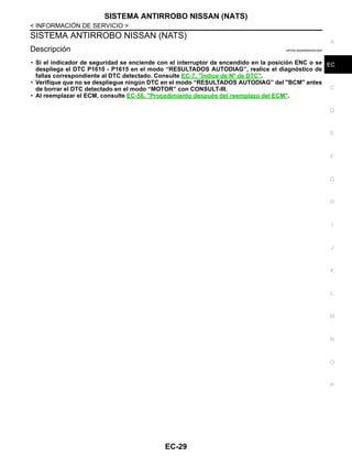SISTEMA ANTIRROBO NISSAN (NATS)
EC-29
< INFORMACIÓN DE SERVICIO >
C
D
E
F
G
H
I
J
K
L
M
A
EC
N
P
O
SISTEMA ANTIRROBO NISSAN (NATS)
Descripción INFOID:0000000004523304
• Si el indicador de seguridad se enciende con el interruptor de encendido en la posición ENC o se
despliega el DTC P1610 - P1615 en el modo “RESULTADOS AUTODIAG”, realice el diagnóstico de
fallas correspondiente al DTC detectado. Consulte EC-7, "Índice de Nº de DTC".
• Verifique que no se despliegue ningún DTC en el modo “RESULTADOS AUTODIAG” del "BCM" antes
de borrar el DTC detectado en el modo “MOTOR” con CONSULT-III.
• Al reemplazar el ECM, consulte EC-56, "Procedimiento después del reemplazo del ECM".
Revisión: Agosto de 2008 2009 Tiida
 