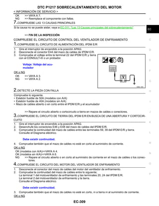 DTC P1217 SOBRECALENTAMIENTO DEL MOTOR
EC-309
< INFORMACIÓN DE SERVICIO >
C
D
E
F
G
H
I
J
K
L
M
A
EC
N
P
O
OK >> VAYA A 7.
NG >> Reemplace el componente con fallas.
7.COMPRUEBE LAS 13 CAUSAS PRINCIPALES
Si la causa no se puede aislar, vaya a EC-311, "Las 13 Causas principales del sobrecalentamiento"
>> FIN DE LA INSPECCIÓN
COMPRUEBE EL CIRCUITO DE CONTROL DEL VENTILADOR DE ENFRIAMIENTO
1.COMPRUEBE EL CIRCUITO DE ALIMENTACIÓN DEL IPDM E/R
1. Gire el interruptor de encendido a la posición APAG.
2. Desconecte el conector E44 del mazo de cables de IPDM E/R.
3. Compruebe el voltaje entre la terminal 22 del IPDM E/R y tierra
con el CONSULT-III o un probador.
OK o NG
OK >> VAYA A 3.
NG >> VAYA A 2.
2.DETECTE LA PIEZA CON FALLA
Compruebe lo siguiente.
• Eslabón fusible de 50A (modelos con A/A)
• Eslabón fusible de 40A (modelos sin A/A)
• Mazo de cables abierto o en corto entre el IPDM E/R y el acumulador
>> Repare el circuito abierto o cortocircuito a tierra en mazos de cables o conectores.
3.COMPRUEBE EL CIRCUITO DE TIERRA DEL IPDM E/R EN BUSCA DE UNA ABERTURA Y CORTOCIR-
CUITO
1. Gire el interruptor de encendido a la posición APAG.
2. Desenchufe los conectores E46 y E48 del mazo de cables del IPDM E/R.
3. Compruebe la continuidad del mazo de cables entre las terminales 59, 39 del IPDM E/R y tierra.
Consulte el Diagrama eléctrico.
4. Compruebe también que el mazo de cables no esté en corto al suministro de corriente.
OK o NG
OK (modelos con A/A)>>VAYA A 4.
OK (modelos sin A/A)>>VAYA A 6.
NG >> Repare el circuito abierto o en corto al suministro de corriente en el mazo de cables o los conec-
tores.
4.COMPRUEBE EL CIRCUITO DEL MOTOR DEL VENTILADOR DE ENFRIAMIENTO
1. Desconecte el conector del mazo de cables del motor del ventilador de enfriamiento.
2. Compruebe la continuidad del mazo de cables entre lo siguiente;
La terminal 1 del motoventilador de enfriamiento y las terminales 20, 24 del IPDM E/R.
La terminal 2 del motoventilador de enfriamiento y la tierra.
Consulte el Diagrama eléctrico.
3. Compruebe también que el mazo de cables no esté en corto, ni a tierra ni al suministro de corriente.
OK o NG
Voltaje: Voltaje del acu-
mulador
OAHA1/ 56D
Debe existir continuidad.
Debe existir continuidad.
Revisión: Agosto de 2008 2009 Tiida
 